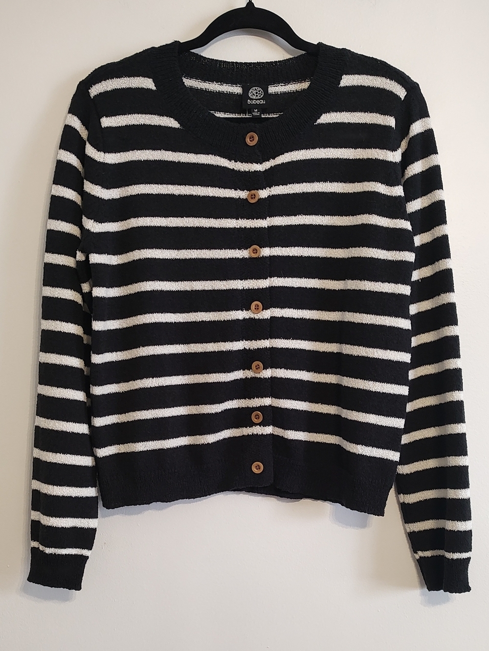 Bobeau Black and White Striped Button-Up Sweater